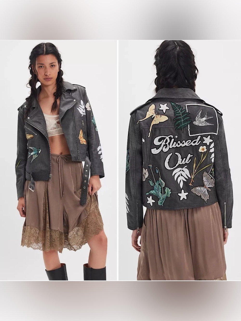 Free People Denim & Bone Patchwork Moto Jacket Gray Leather Small